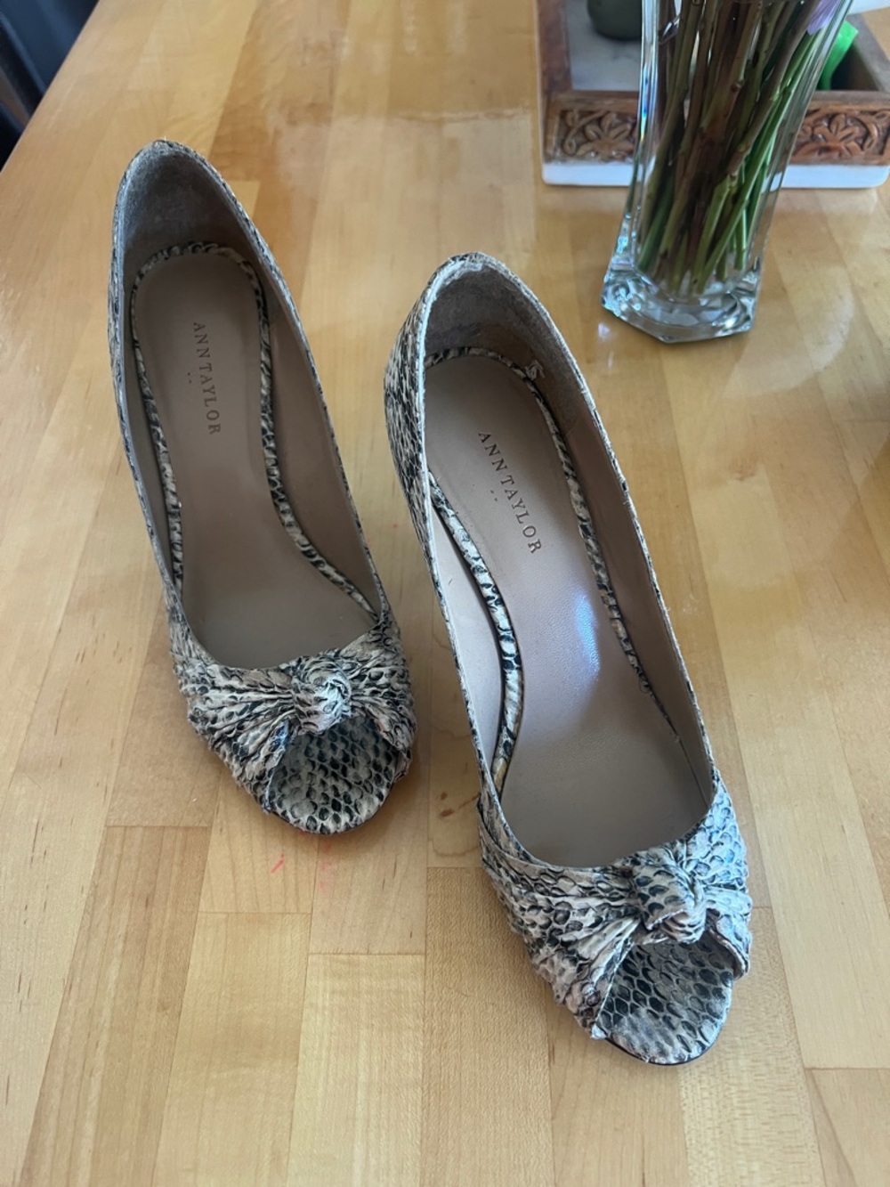 Ann Taylor Neutral Snake-Print Peep Toe Knot Pumps